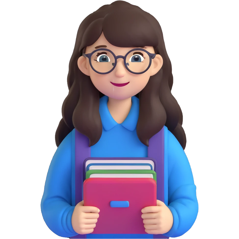 teenage girl with long dark brown hair, bangs, blue eyes, round glasses with thin black frames, wearing a backpack, smiling, with a book in hand emoji