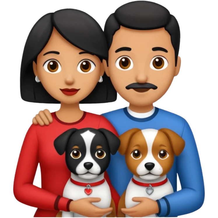 Pareja de novios, pelo negro ambos, y con dos perritos pincher en brazos emoji