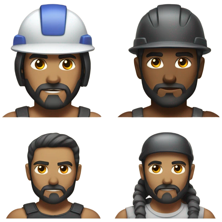 muscular half cyborg face half human with short straight, dark hair, hardhat, and a neatly trimmed beard emoji