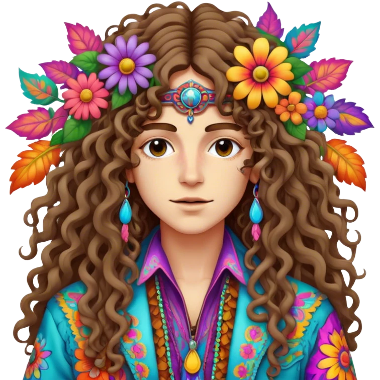 Create a 3D ultra detailed psychedelic colored hippie style flower border with a gorgeous hippie in the center with long curly hair and a fringed jacket emoji