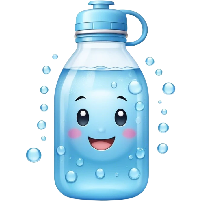 Cute Kawaii Water Bottle, round and bubbly, soft blue with tiny water droplets around, a happy smiling face, gentle glowing highlights, fresh and refreshing vibes! emoji