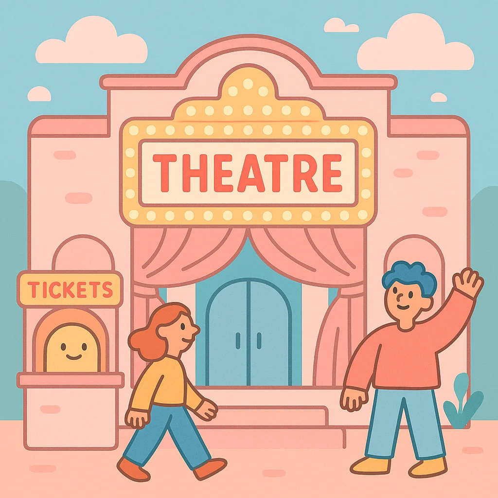 theatre building in light pink and pastel colors, soft and inviting, with classic marquee and curtains, modern illustration style emoji