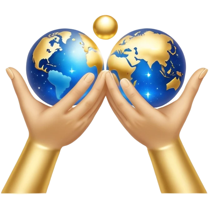 Emoji of two open hands holding a sphere of gold and blue light. Tiny sparkles emerge from the fingers, reflecting the power of manifestation. A pure white background. emoji