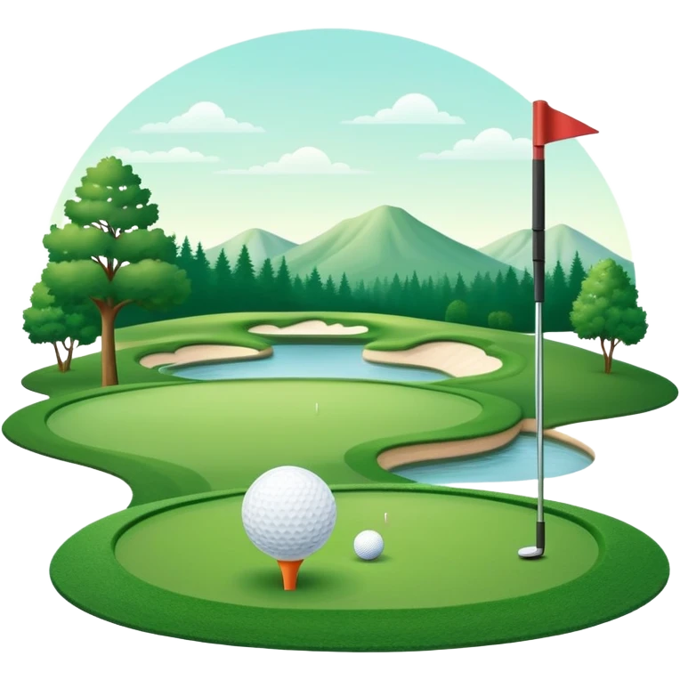 A golf ball on a tee with a golf club placed beside it, set against the backdrop of a well-manicured green golf course. The scene emphasizes the equipment and serene atmosphere of the sport, with soft lighting and a peaceful, open landscape emoji