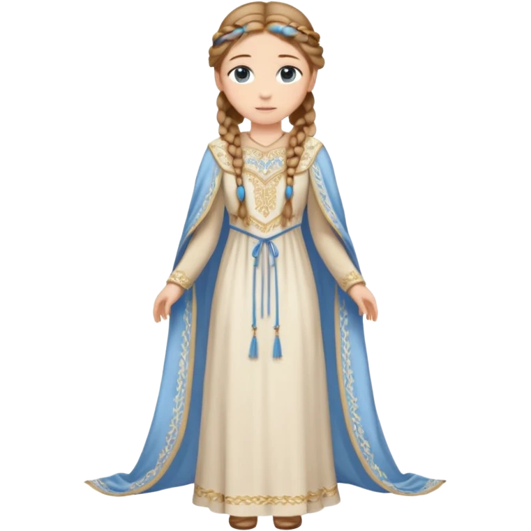 Joven de unos 30 años, de aspecto dulce, elegante.
Piel clara, ojos (pueden ser azules o verdes)
castaño claro largo, con trenzas.
Vestido largo de tonos suaves (blanco, azul o lavanda), con bordados dorados; un manto o toca fina cubriendo la cabeza. Que se vea todo el cuerpo de pies a cabeza emoji