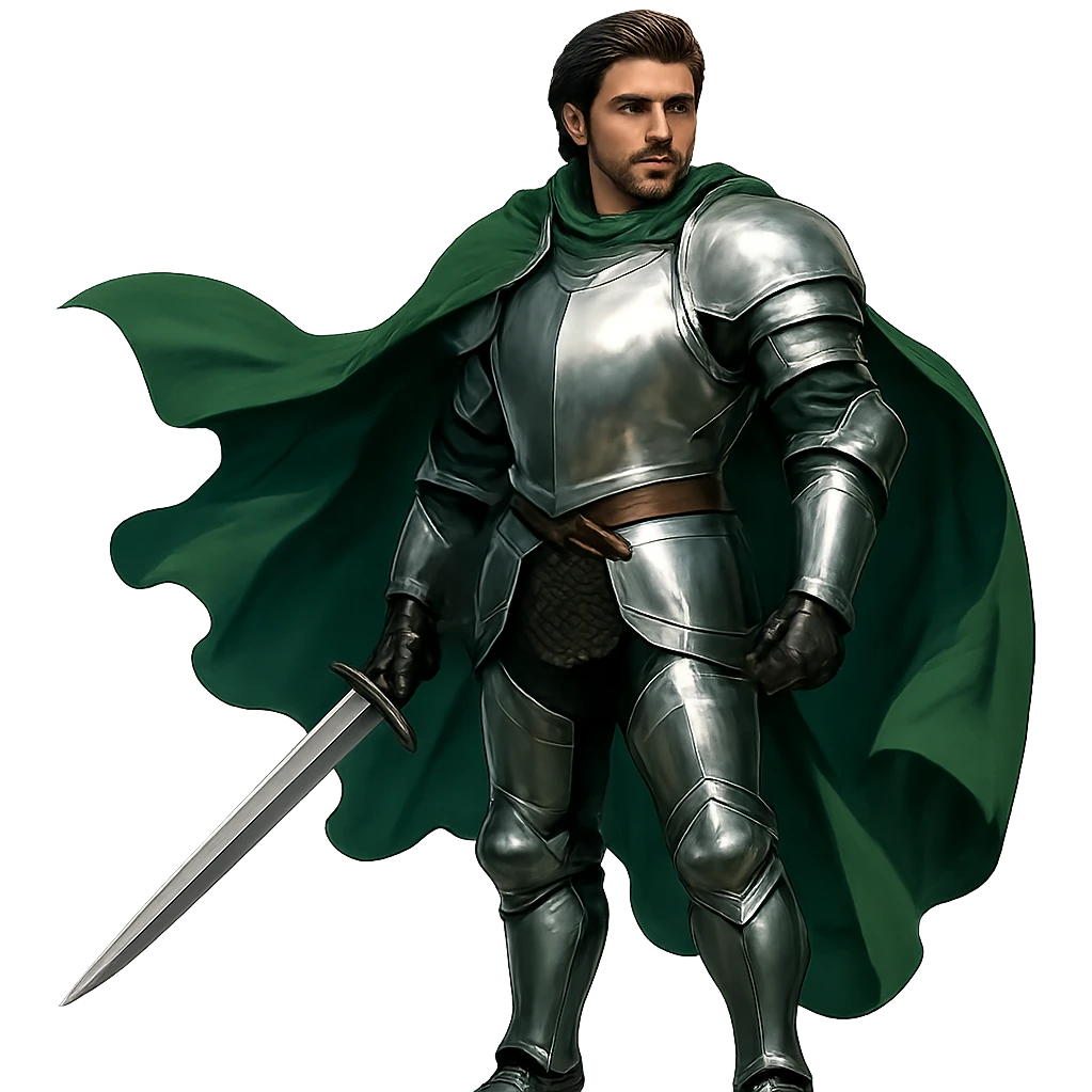 warrior with shiny silver armor, green cape flowing, confident expression emoji