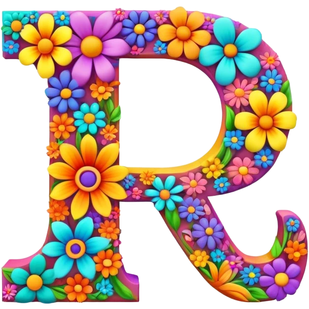 3D, gothic style psychedelic colored capital Letter P with hippie style flower border emoji