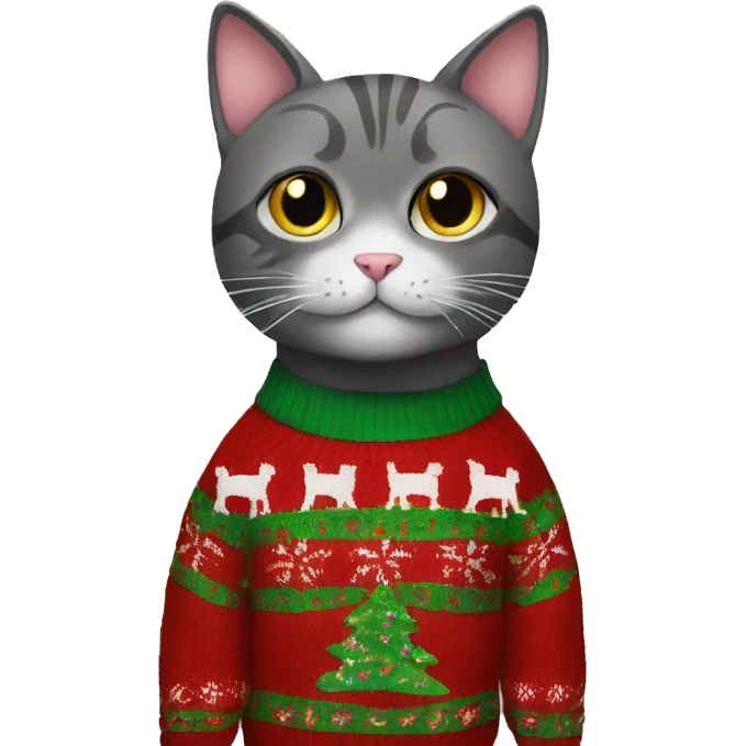 Cat wearing a Christmas sweater with the words lulu on the sweater emoji