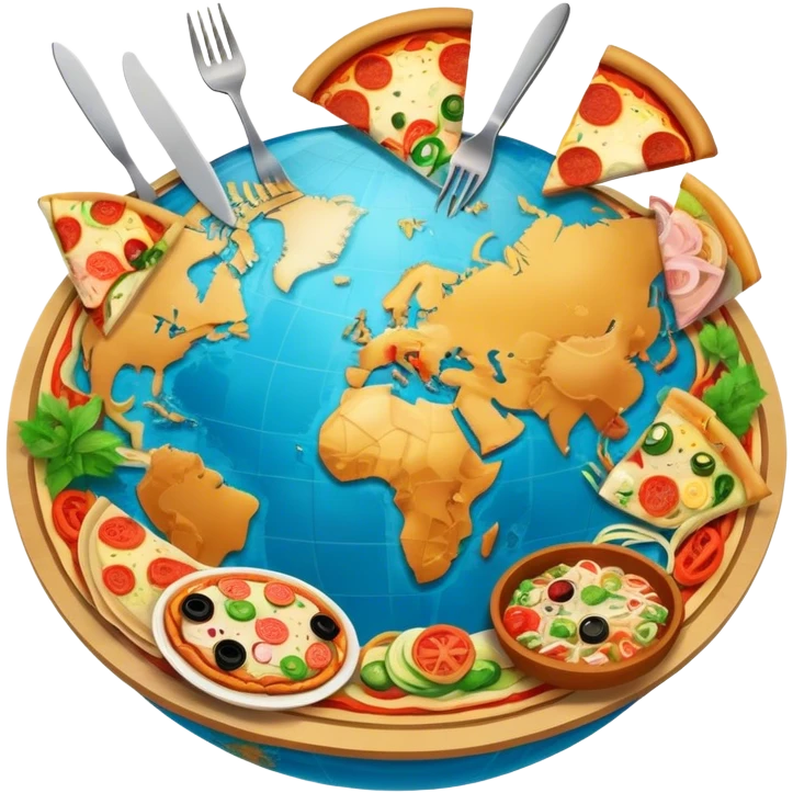 Icon for Gastronomic Tourism: a globe with various cuisines from around the world, such as pizza, sushi, tacos, and pasta, surrounded by food-related travel elements like a fork, knife, and map. Transparent background. emoji