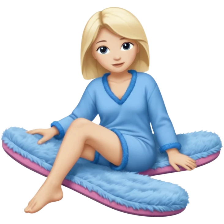blonde woman wearing comfy lounging outfit, blue fuzzy slippers on her bare feet emoji