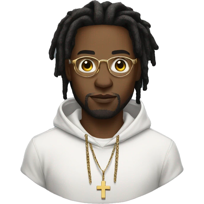black man with white hoodie with a small silver cross pendant wearing gold glasses with freeform dreads emoji