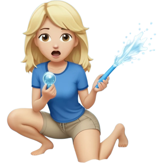 blond woman kneeling, surprised expression, a wide skin-colored stick with a D-shaped knob with skin texture coming out of a pair of pants hanging in front of her face, water stream squirting from the flat side of the knob into her open mouth emoji