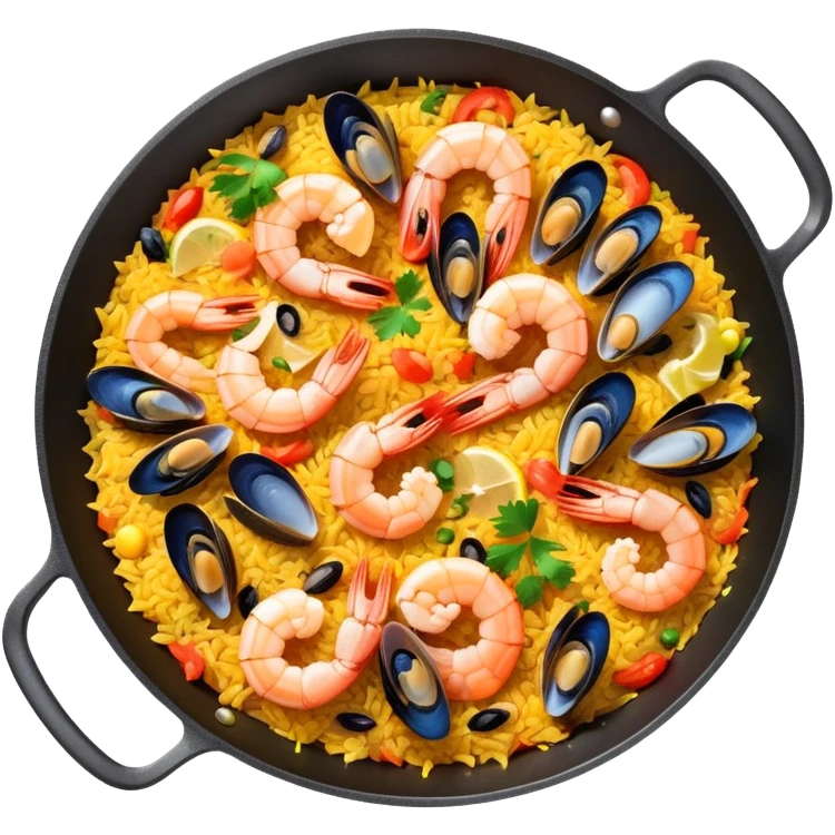 seafood paella in a pan with shrimp, mussels, rice, and saffron emoji