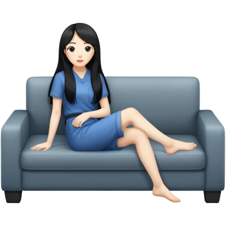An Asian woman with a pale complexion and long black hair is sitting on a sofa with her feet on the ground. The picture is slightly sideways, with an overall angle of 35 degrees. emoji