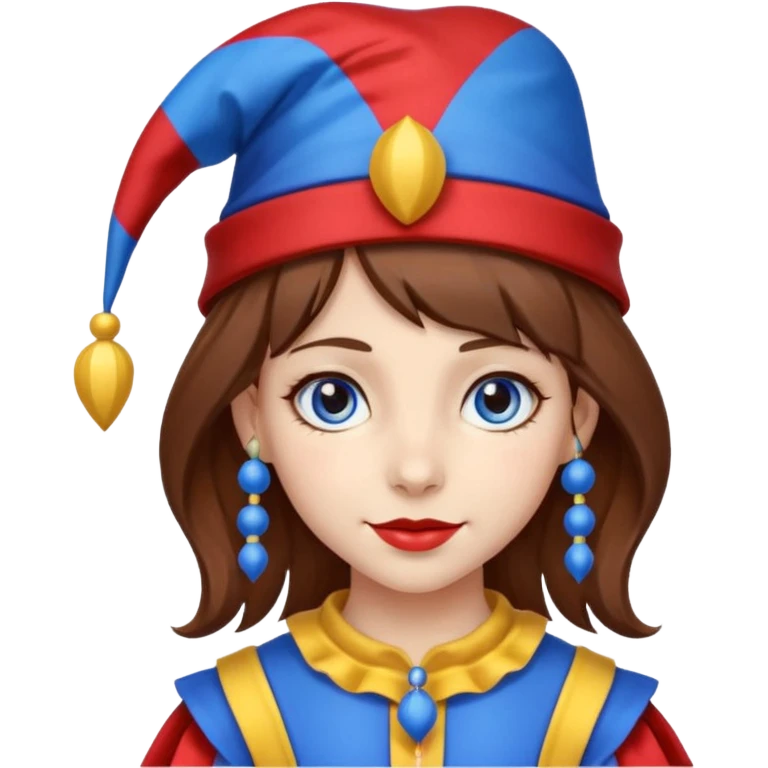 a girl A classic two-armed jester's hat with red and blue stripes, a yellow brim, and small yellow bells on the tips. brown hair blue and red eye's

 emoji