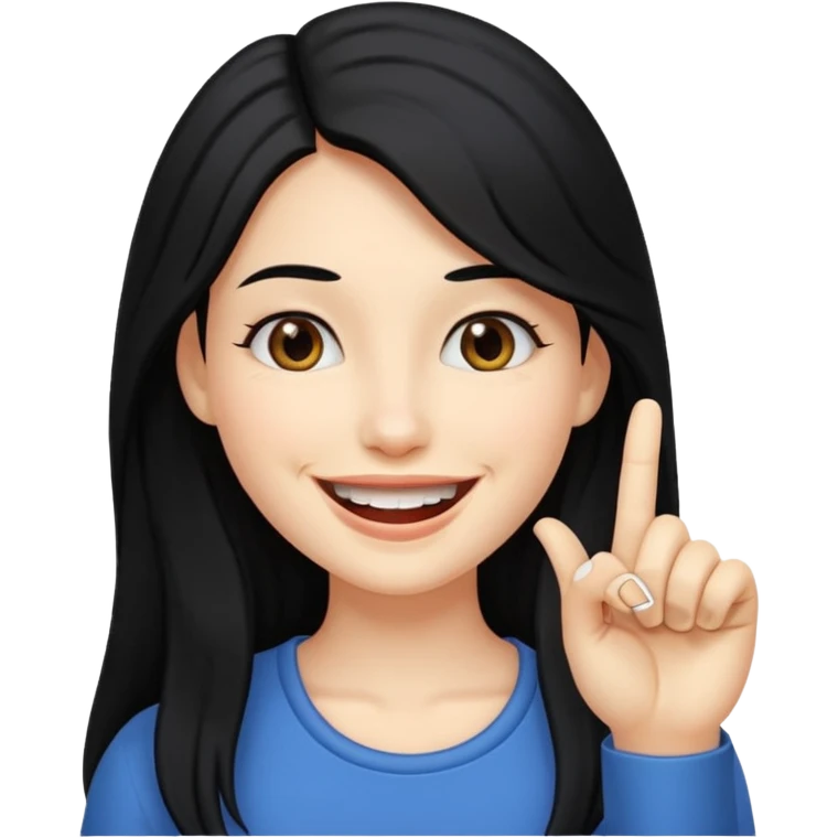 Haz una imagen de una mujer con cabello negro largo , con una sonrisa en su cara y la punta de su dedo indice entre sus dientes emoji