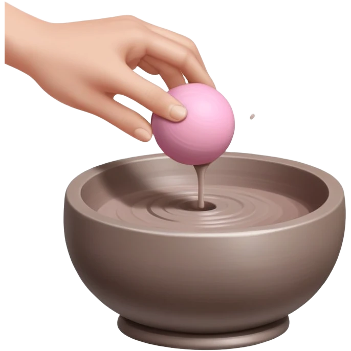 one hand throwing a pink ball of clay onto a flat silver pottery wheel surface emoji