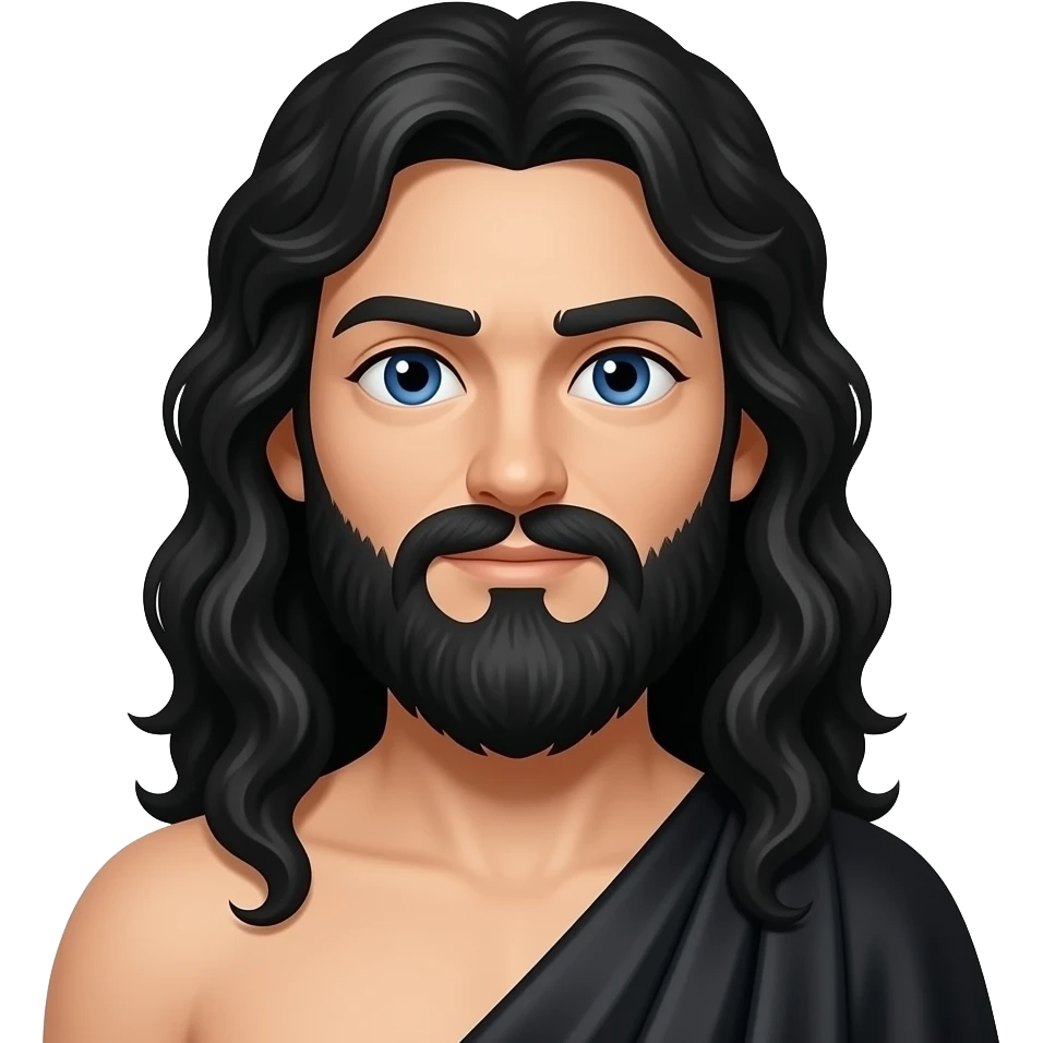 Pluto from Roman Mythology with indigo eyes, long black curly hair and beard, black cloak, shirtless emoji