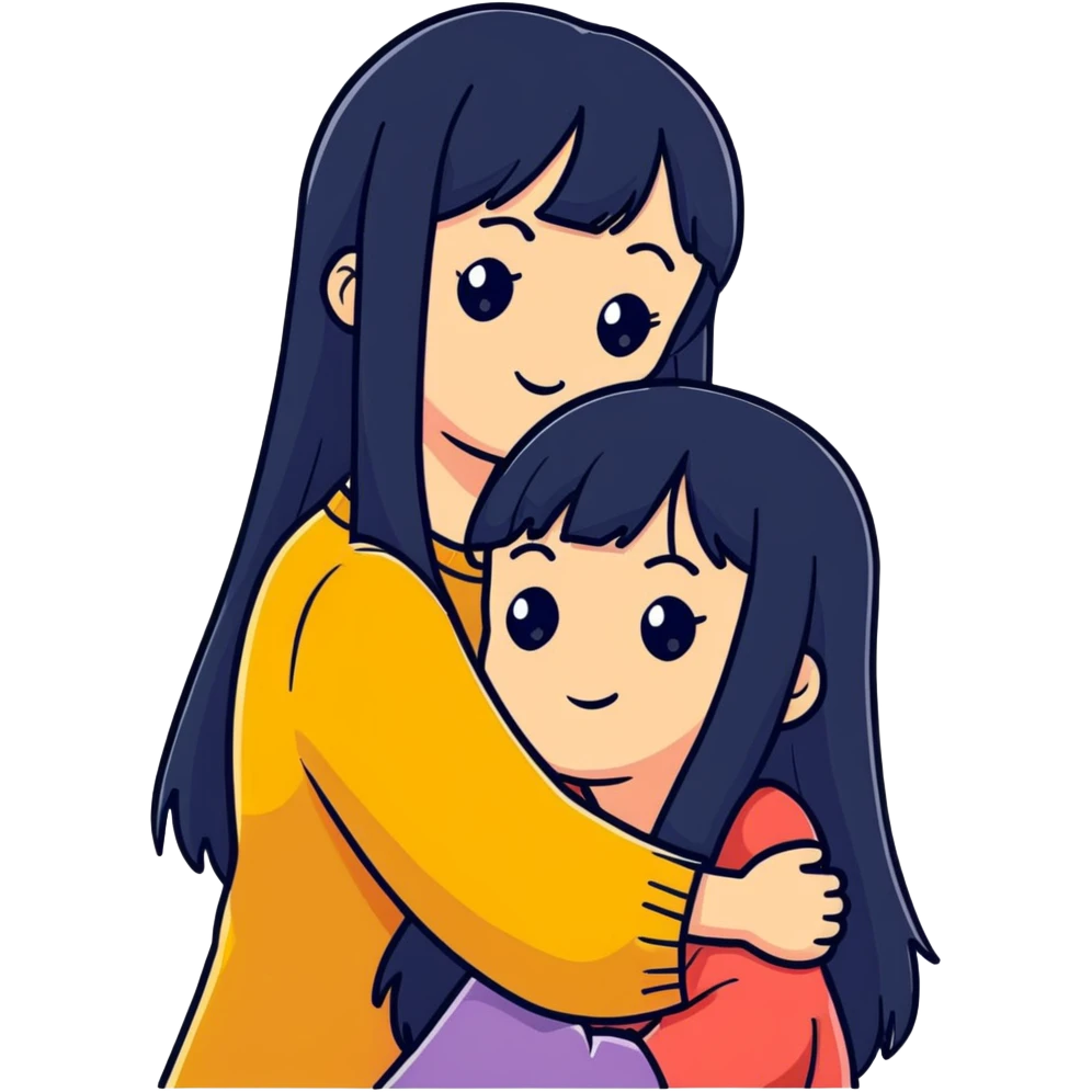 two white girls with long black hair hugging, one girl has bangs emoji