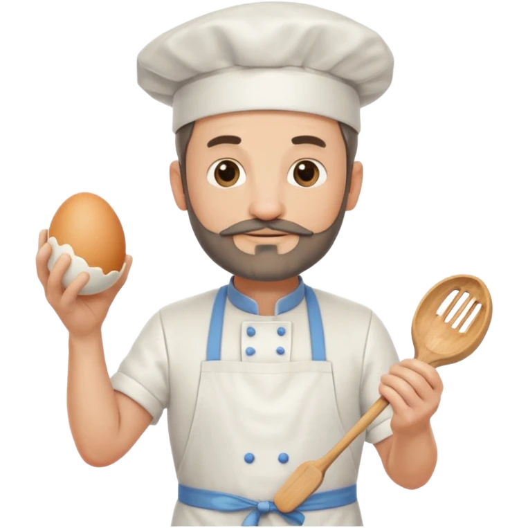 Middle aged male pastry chef - with a small beard, apron, white hat, holding an egg beater in his right hand, and his left hand naturally hanging down to his side emoji