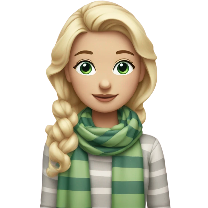 Blonde girl with blue eyes and eyelashes no lipstick in a light pink shirt with gray and green thick stripe scarf emoji