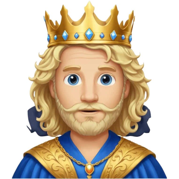 1 Middle-aged white king, 40 years old, blond hair, blond beard, long curly hair, blue eyes, kind and benevolent vibe, gentle smile, wearing a crown and blue robe emoji emoji