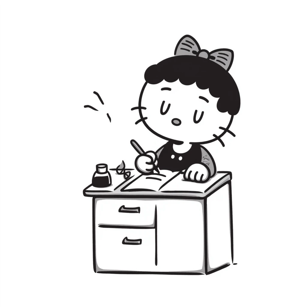 Hello Kitty sitting at a desk, writing in a notebook, adorable style emoji