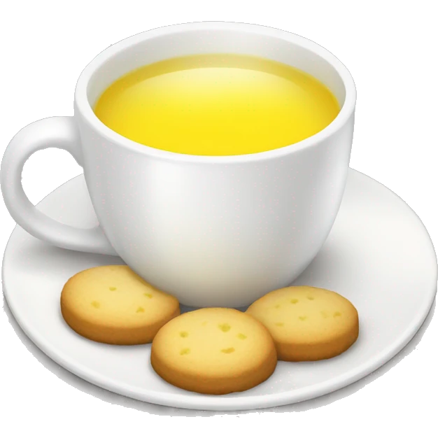 white cup with yellow tea, lemon cookies emoji