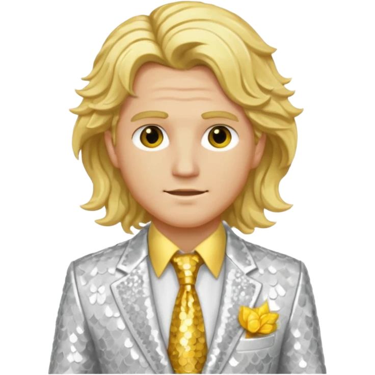 Apollo from Greek Mythology with long blonde wavy hair, white sequin suit jacket and tie, yellow shirt emoji
