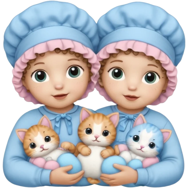 Curly hair baby twins with one wearing a baby pink bonnet and one wearing a baby blue bonnet while holding cat plushies emoji
