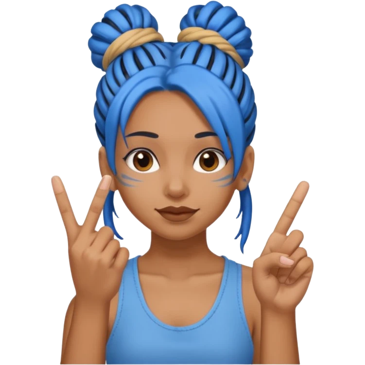 brown girl with blue dreads in a bun giving peace sign and middle finger emoji