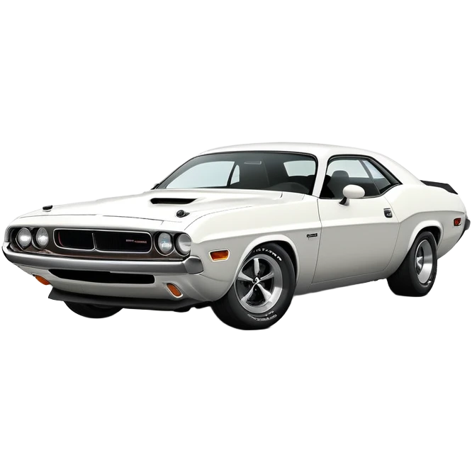 White 1971 Dodge Challenger with distinct muscle car silhouette, accurate 30-degree angle showing detailed front end and profile, maintaining authentic structure, all-white finish, iOS emoji style emoji