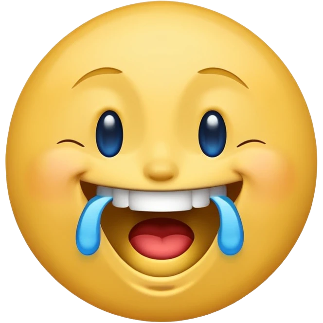 Emoji, yellow round laughing hysterically face, with blue tears of joy on it.  emoji