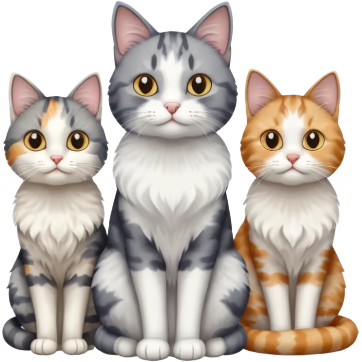 a fluffy grey and white cat sitting with 2 other cats emoji