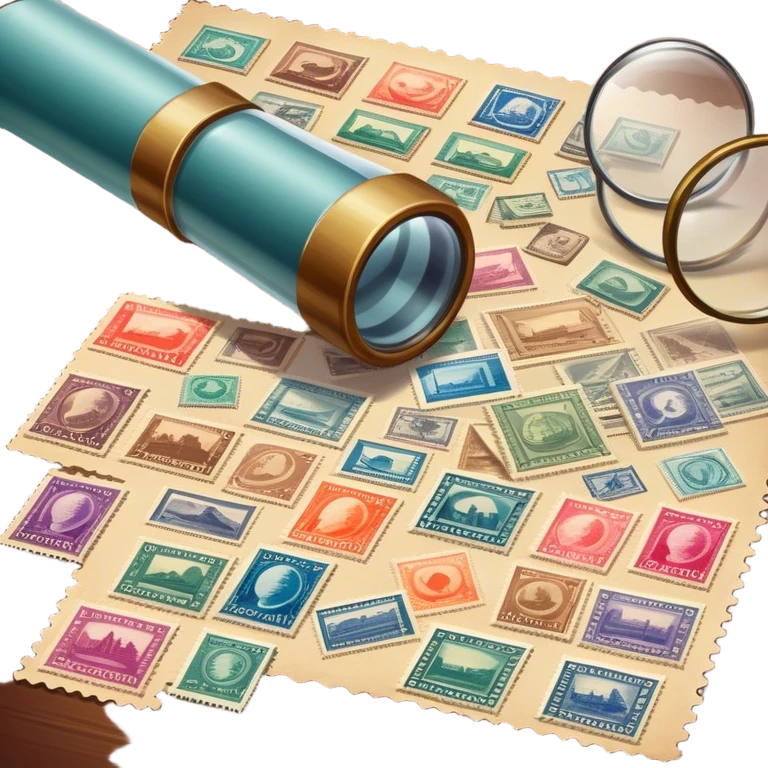 Icon for Stamp Collecting: a collection of vintage and colorful stamps arranged in an album or on a desk, with a large stamp block in the center showcasing different themes. The icon should reflect the charm and history of philately. Transparent background. emoji