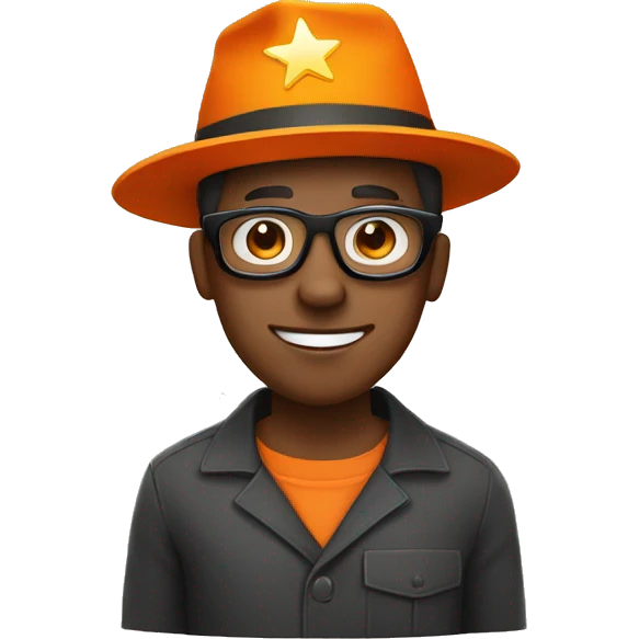 An african american man in an orange jumpsuit with black glasses and a star on his orange hat. emoji