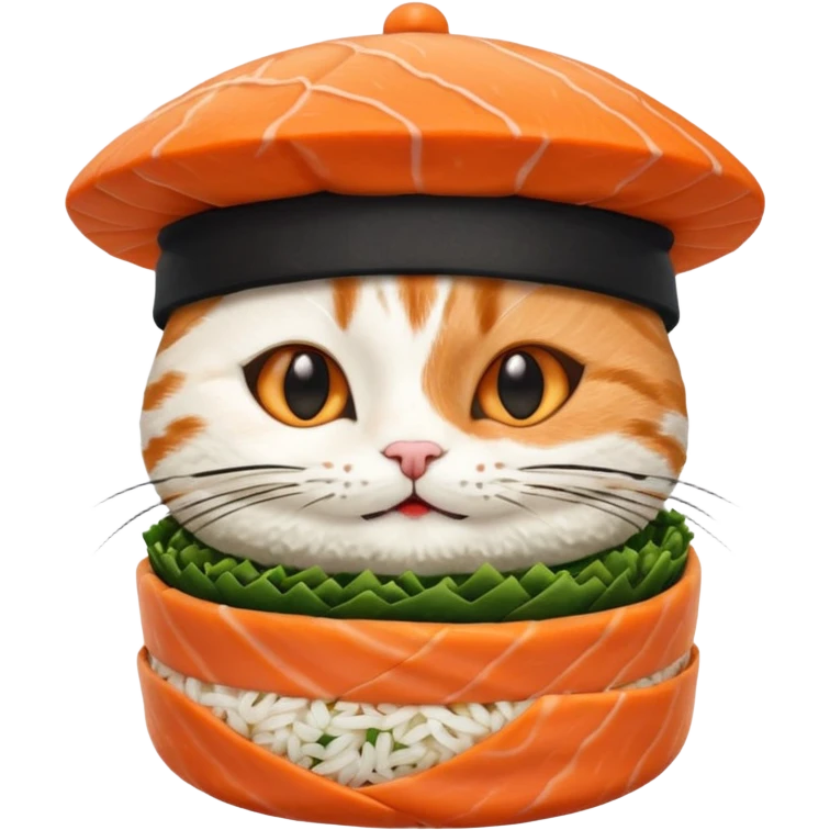 happy cat wearing a hat made out of sushi emoji