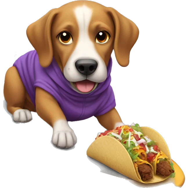Dog eating a taco riding a surfboard wearing a purple hoodie emoji