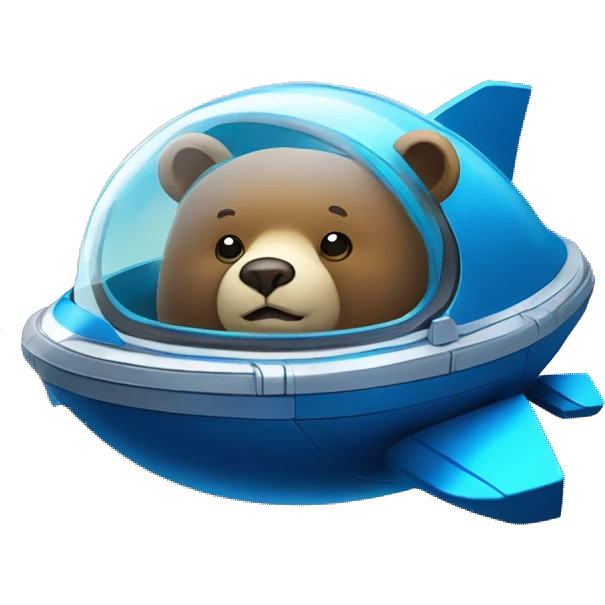  A "time-traveling bear" emoji, depicting a bear in a spaceship with a clock on the window, against a starry galaxy background, using vibrant metallic blue and silver colors. emoji