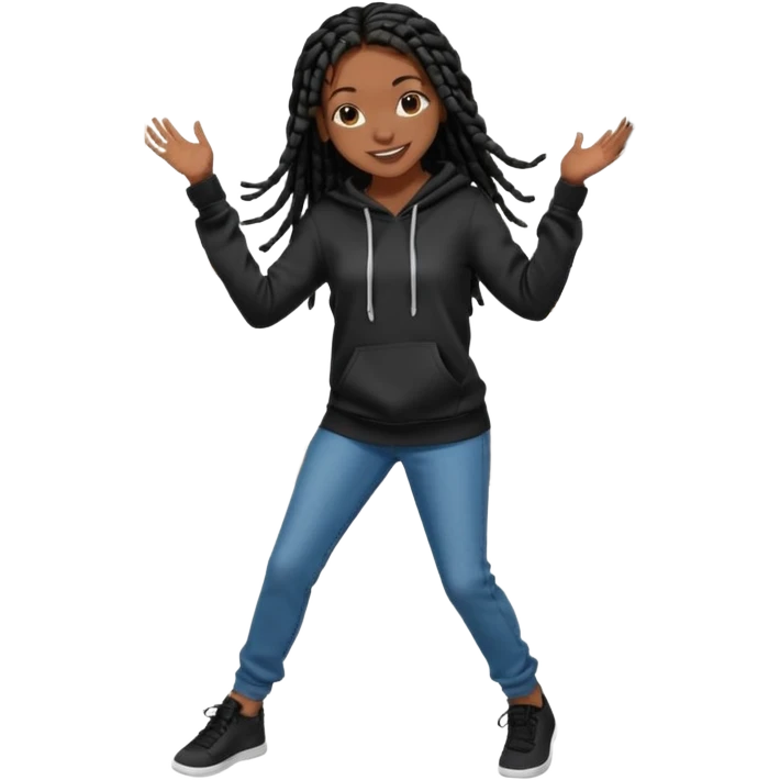 African American girl dark skin with long black box braids wearing plain black hoodie wearing skinny jeans dancing in street emoji