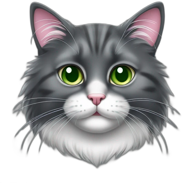 fluffy dark grey cat with pink nose, green eyes and white long whiskers, near the nose there are white spots and white breast emoji