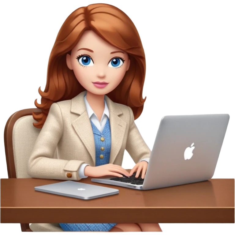 A Barbie girl with blue eyes, shoulder-length reddish-brown hair, made-up, wearing a white tweed jacket and beige skirt, is sitting at a table with a MacBook emoji