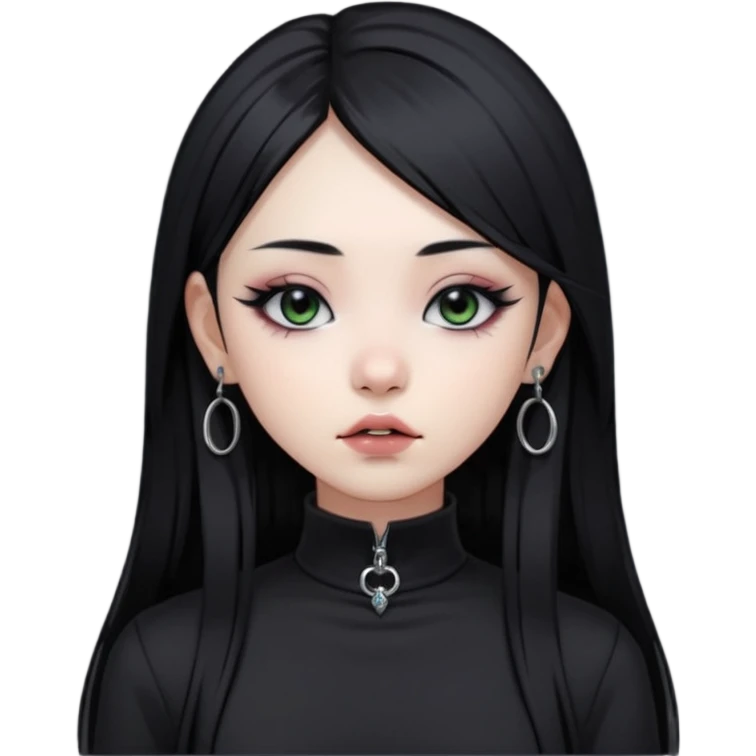 goth Asian girl, straight long black hair, vertical labret lip piercing, black mock neck shirt emoji
