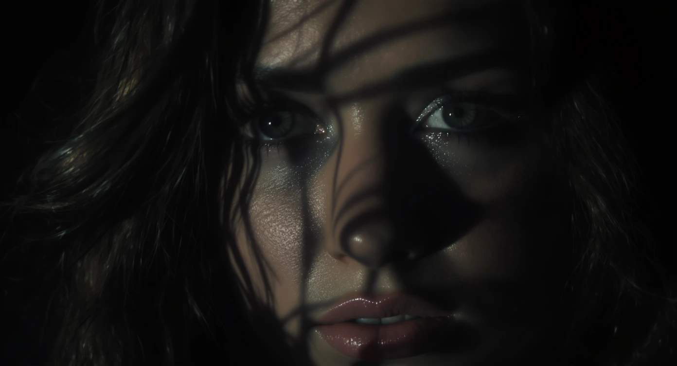 Extreme Closeup photo of a beautifull woman, water light reflection on face, low key light, cinematic light, 8K, very detailed, sharp emoji