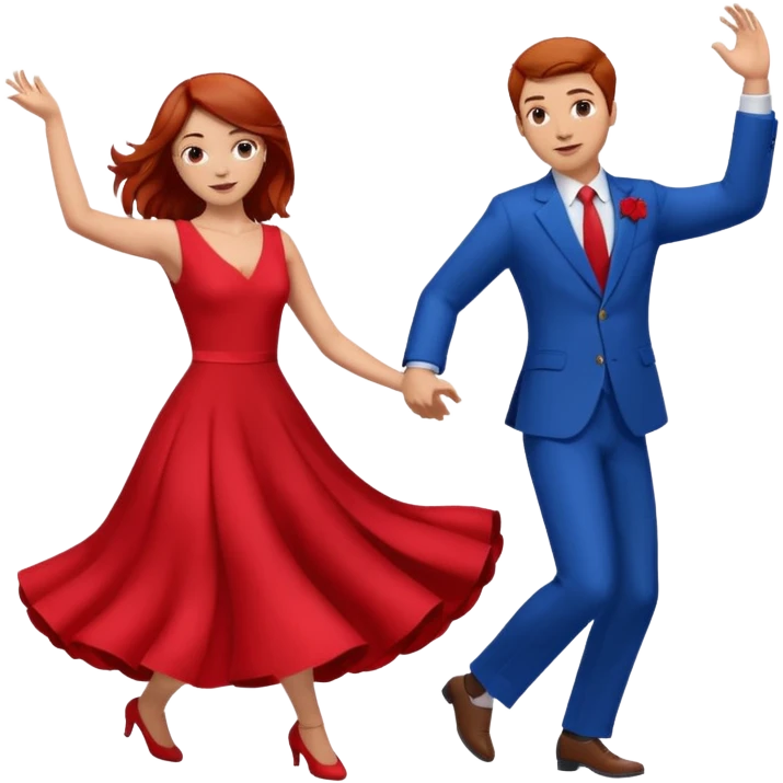 Two people dancing one wearing red and one wearing blue. Brown hair and red hair emoji