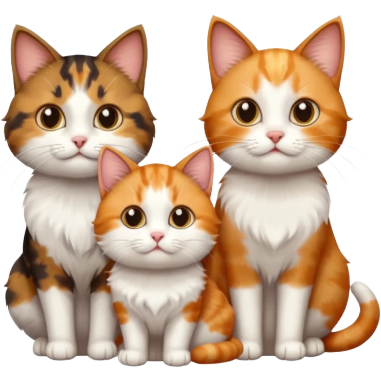 3 different coloured small cats including a dark brown tabby and white, and a patchy calico, and a ginger and white emoji