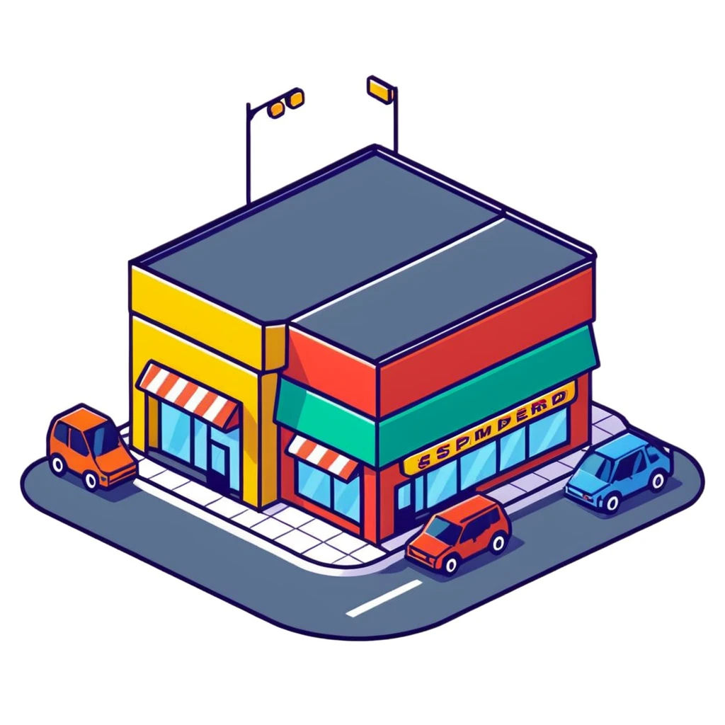 Isometric supermarket building exterior with colorful facade, parked cars, and entrance area emoji