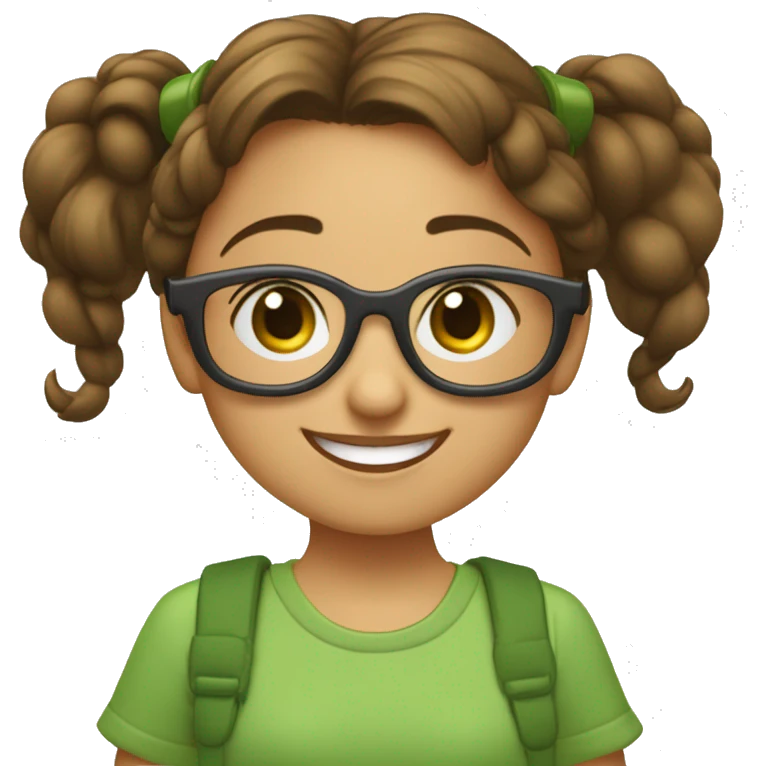 maestra de infantil con una bata de disney, joven con media melena morena y recta y gafas de metal. De complexión normal y estatura media. Ojos verdes y sonriendo  emoji