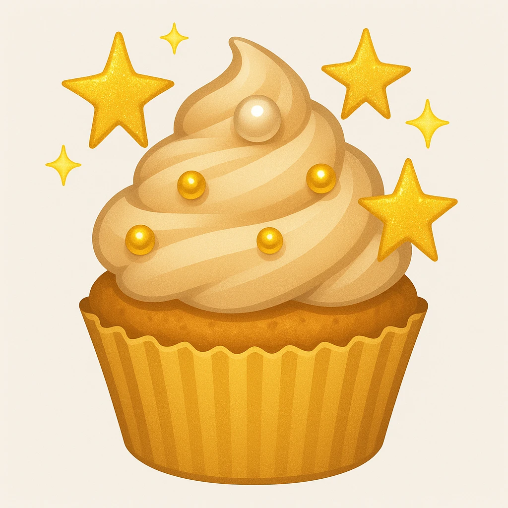 Add gold stars and a tiny edible pearl to the cupcake with beige frosting and gold pearls in emoji style. emoji