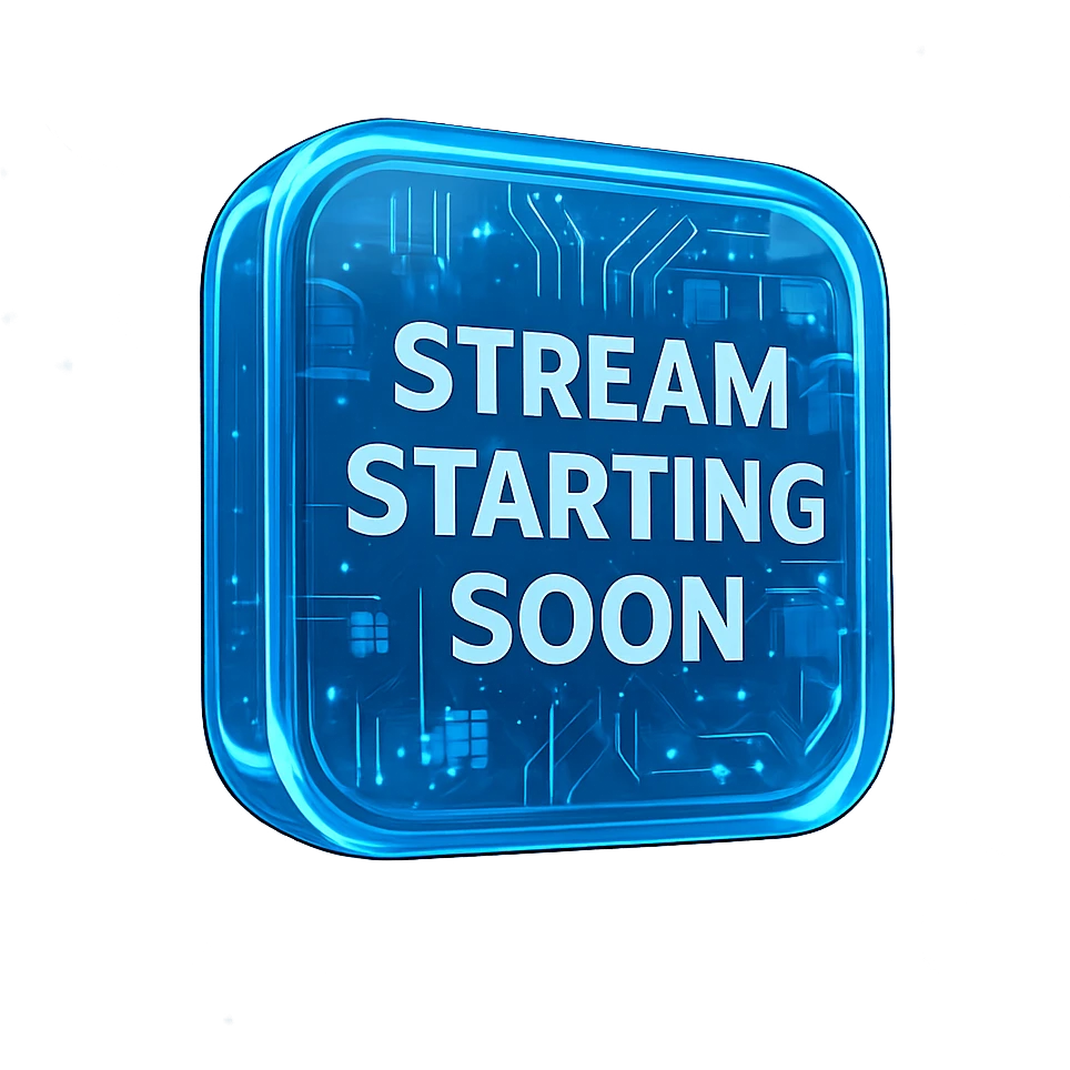 loopable Twitch stream background with large centered 'Stream Starting Soon' text, techy and modern style, glowing blue lines, digital grids, animated circuit patterns, cool energetic high-tech vibe emoji